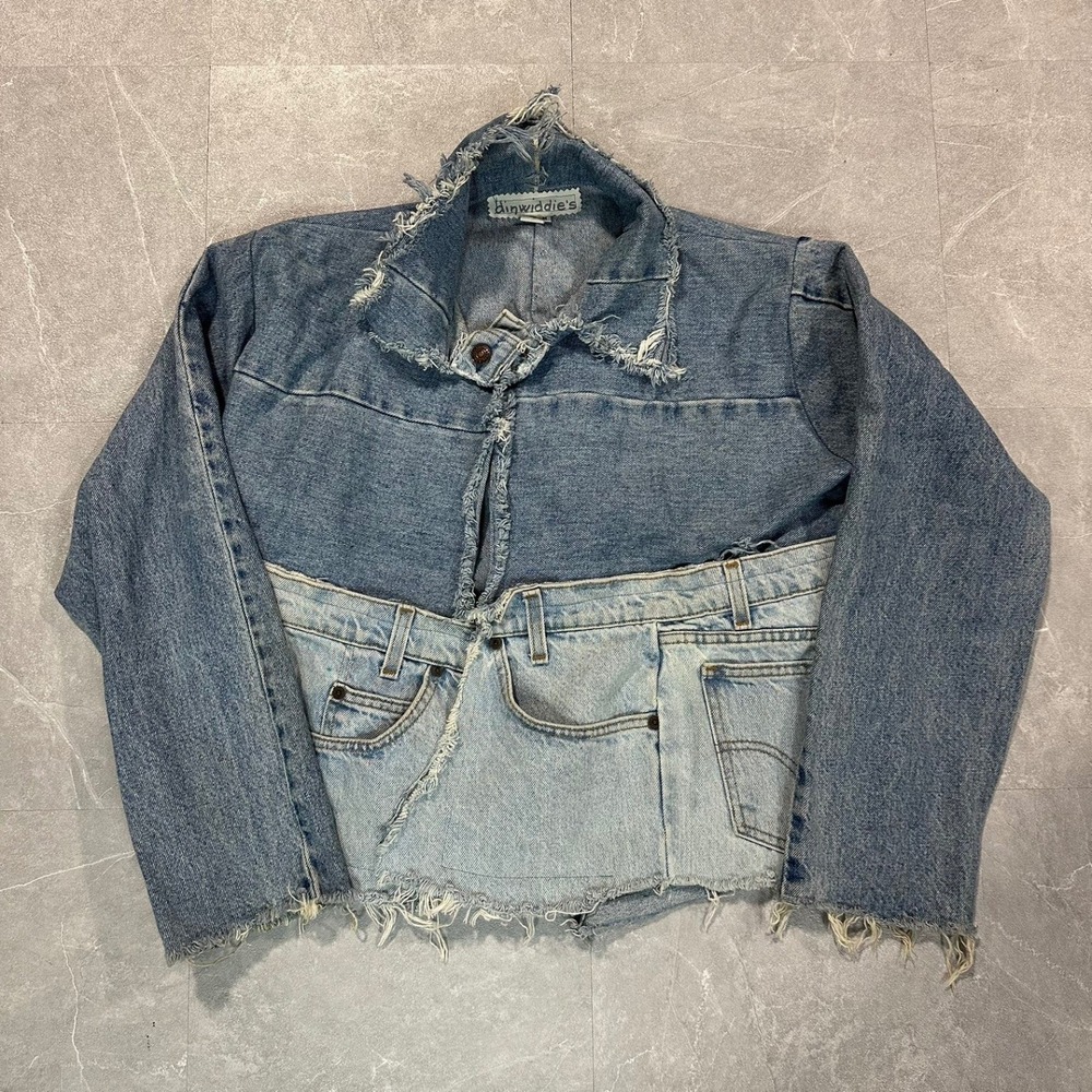 Dinwiddies Reconstructed Two Tone Distressed Denim Jacket Patchwork Blue Medium
